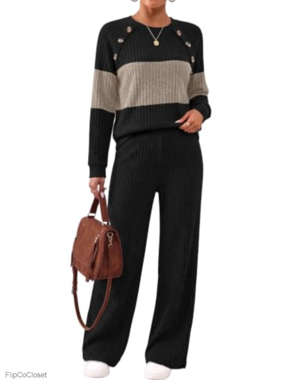WIHOLL Women's 2 Piece Lounge Set Ribbed Knit Button Sweater & Pant Set